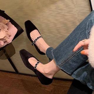 Low Heel Rhinestone Accent Velvet Mary Jane Pumps