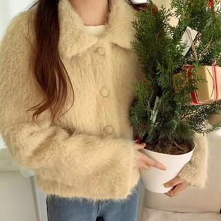 Collar Plain Fluffy Button Jacket