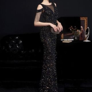 Boatneck Mesh Sequin Gown Mermaid Short-Sleeve Evening