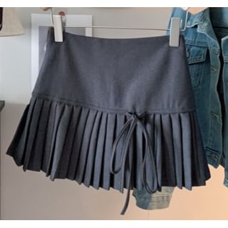 High Waist Plain Bow Accent Pleated Mini A-Line Skirt