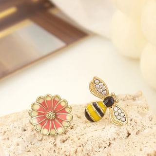 Enamel Flower Bee Asymmetrical Stud Earring / Clip On Earring