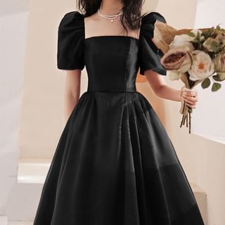 Square A-Line Evening Gown Maxi Sleeve Puff Plain Neck