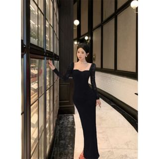 Long Sleeve Square Neck Lace Body-Hugging Maxi Gown