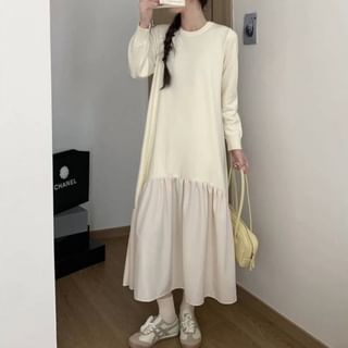 Long Sleeve Crew Neck Solid Gathered Panel Knit Maxi A-Line Gown