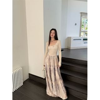 Long Sleeve Scoop Neck Tie-Dye Panel Full-Length Flared Dress