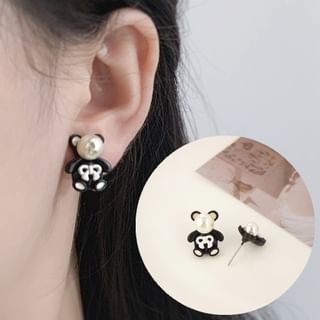 Faux Pearl Bear Stud Earring / Clip On Earring
