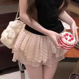 Scoop Neck Plain Lace Trim Halter Top / Mid Rise Dotted Asymmetrical Mini A-Line Skirt