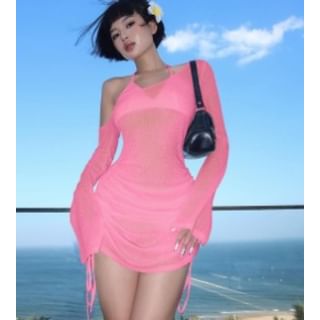 Long-Sleeve One-Shoulder Plain Drawstring Sheer Tee