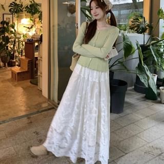 Lace Accent Cardigan and Midi A-Line Skirt Ensemble