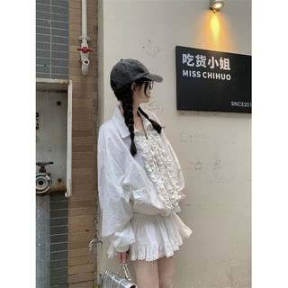Puff Sleeve Ruffled Shirt Paired with Lace Trim Mini Skirt