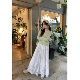 Lace Accent Cardigan and Midi A-Line Skirt Ensemble