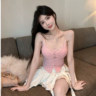 Lace Trim Crop Camisole with High Waist Mini Skirt Set