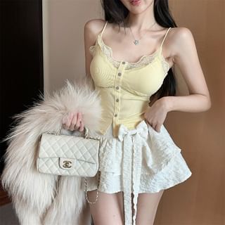Lace Trim Crop Camisole with High Waist Mini Skirt Set