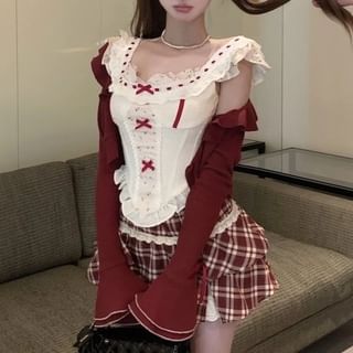 Sleeveless Floral Print Bow Ruffle Panel Top / High Waist Plaid Mini A-Line Skirt / Striped Cardigan