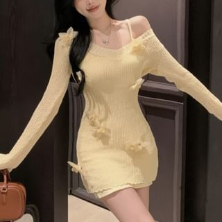 Long-Sleeve V Neck Flower Accent Mini Sheath Knit Dress / Slip Dress