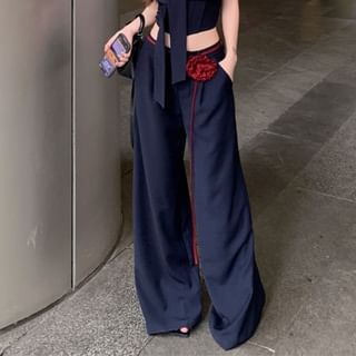 Two Tone Tie Front Crop Tube Top / Low Waist Plain Wide Leg Pants