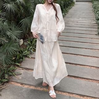 Puff-Sleeve V-Neck Flower Embroidered Blouse / High Rise Maxi A-Line Skirt / Shorts / Plain Camisole Top / Set