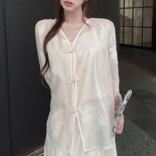 Puff-Sleeve V-Neck Flower Embroidered Blouse / High Rise Maxi A-Line Skirt / Shorts / Plain Camisole Top / Set