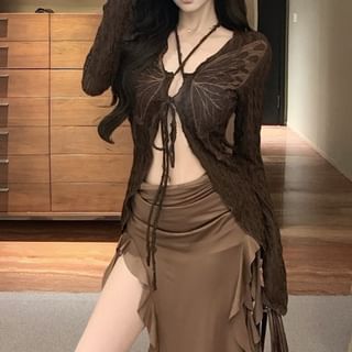 Long Sleeve V-Neck Butterfly Print Tie Front Top / Strapless Plain Ruffle Trim Midi Bodycon Dress