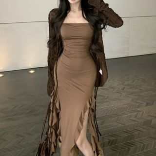 Long Sleeve V-Neck Butterfly Print Tie Front Top / Strapless Plain Ruffle Trim Midi Bodycon Dress