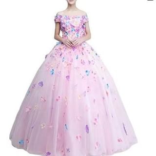 Off Shoulder Floral Embroidered Wedding Ball Gown