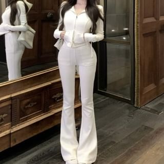 Plain Crop Zip Hoodie / High Waist Plain Flared Sweatpants