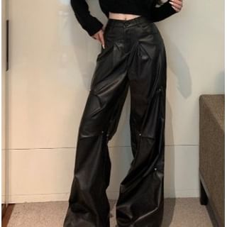 Long-Sleeve Round Neck Plain Crop Top / High Rise Plain Faux Leather Wide Leg Pants