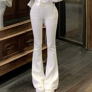 Plain Crop Zip Hoodie / High Waist Plain Flared Sweatpants