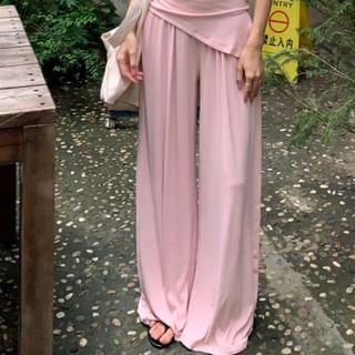 Strapless Plain Tube Top / Drawstring Waist Plain Wide Leg Pants