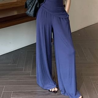 Strapless Plain Tube Top / Drawstring Waist Plain Wide Leg Pants
