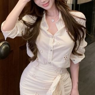 Long-Sleeve Flower Embroidered Shirt / High Rise Ruched Bow Mini Pencil Skirt
