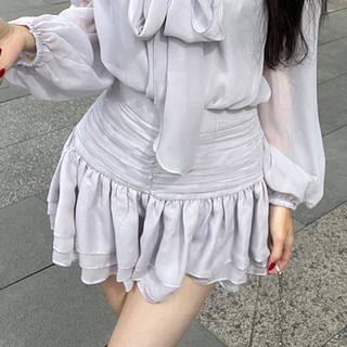 Puff-Sleeve Tie-Neck Plain Blouse / Cami Top / High Rise Mini A-Line Skirt / Set