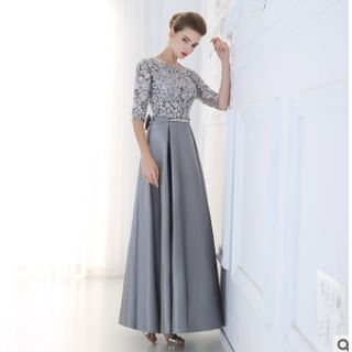 Sleeveless Flower Embroidered Bow Back A-Line Evening Gown / Elbow-Sleeve A-Line Evening Gown