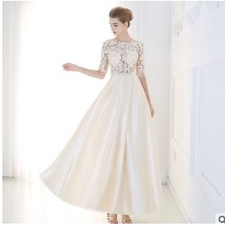Sleeveless Flower Embroidered Bow Back A-Line Evening Gown / Elbow-Sleeve A-Line Evening Gown