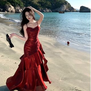 Scoop Neck Ruched Mermaid Evening Gown with Spaghetti Straps