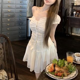 Short-Sleeve Lace Panel Slim Fit Blouse / High Waist Mini A-Line Skirt