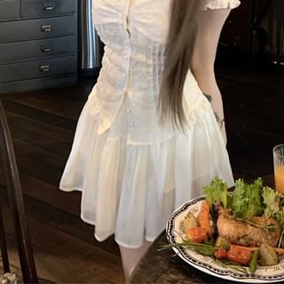 Short-Sleeve Lace Panel Slim Fit Blouse / High Waist Mini A-Line Skirt