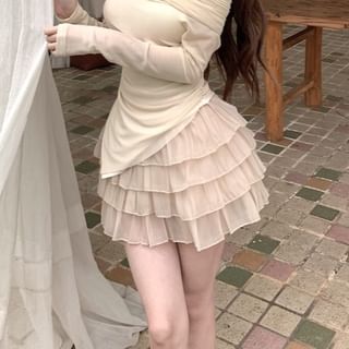 Long-Sleeve Off-Shoulder Plain Asymmetrical Ruched Slim Fit T-Shirt / High Rise Tiered Mini A-Line Skirt