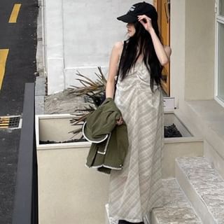V-Neck Plaid Maxi Dress with Spaghetti Straps