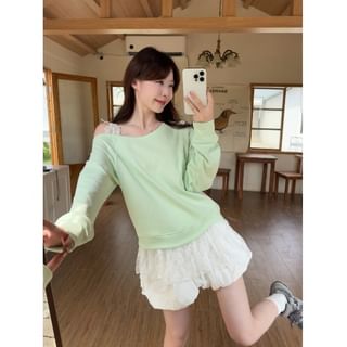 High-Waisted Mini Skirt & Cold Shoulder Lace Sweatshirt Set