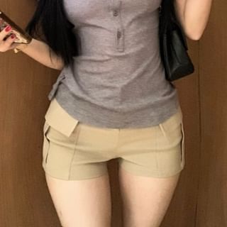 Short-Sleeve Collared Half-Buttoned Plain Slim Fit Tee / High Waist Hot Pants