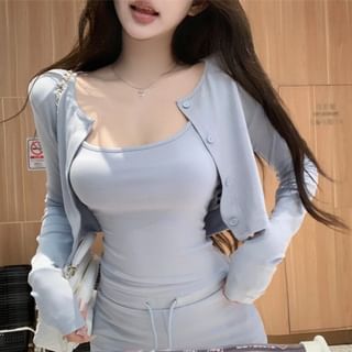 Scoop Top Button-Up Flared Pants Crop / Neck Camisole Plain Waist Cardigan Crew Drawstring