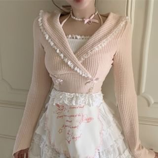 Mock Two-Piece Long-Sleeve Halter Neck Bow Accent Lace Trim Crop Knit Top / High Rise Plain Tiered Mini A-Line Skirt / Half Apron / Set