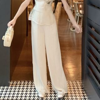 Floral Buttoned Slit High Frog Tube Set Stand Crop Top Wide Pants Leg Embroidered Collar Cap-Sleeve Rise Plain /