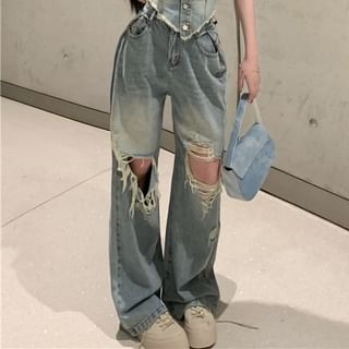 Ripped Button-Up / Jeans Rise High Washed Crop Tube Frayed Top Denim Loose Fit