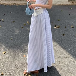 Mock Two-Piece Sweetheart Neckline Striped Cutout Crop Camisole Top / High Waist Maxi A-Line Skirt