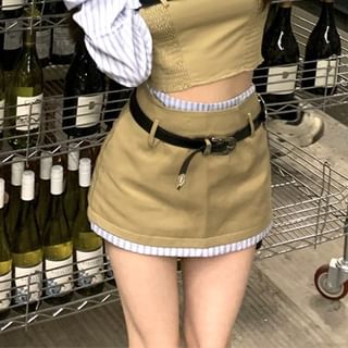 Two-Piece Smocked Long-Sleeve Striped Crop Off-Shoulder Waist Panel Mock Skirt A-Line / High Belt Mini Set Blouse