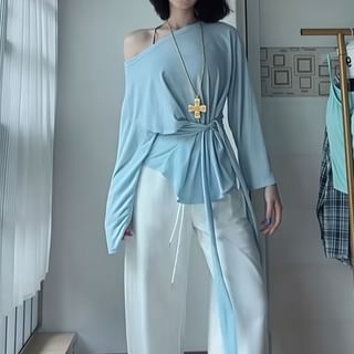 Off-Shoulder Slim Plain Tee Fit Long-Sleeve Asymmetrical Neck Sashed