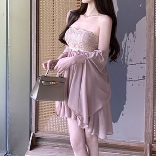 Strapless Lace Panel Bow Accent Mini A-Line Dress / Plain Shawl