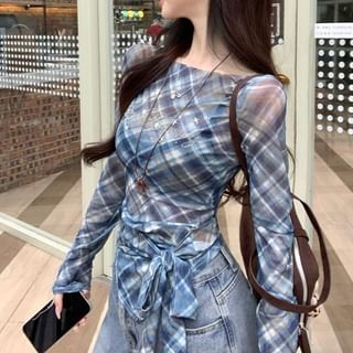 Long-Sleeve Boat Neck Plaid Asymmetrical Sheer T-Shirt